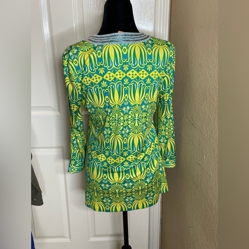 Tory Burch Tunic Womens Med Silk green Button Long Sleeve V Neck Stretch… - Picture 4 of 9